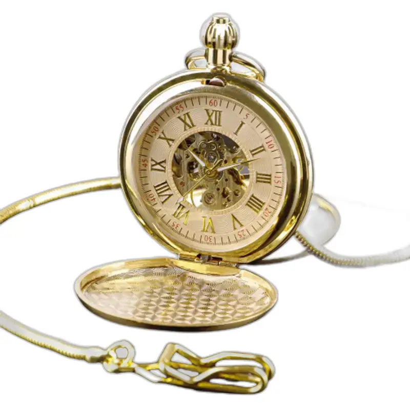 Montre à Gousset Double Chasseur Luxe Homme Femme avec chaîne et finition dorée