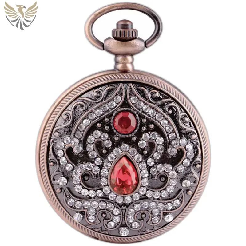 Montre à gousset élégante avec cadran blanc et pierres émeraude en rouge et clair