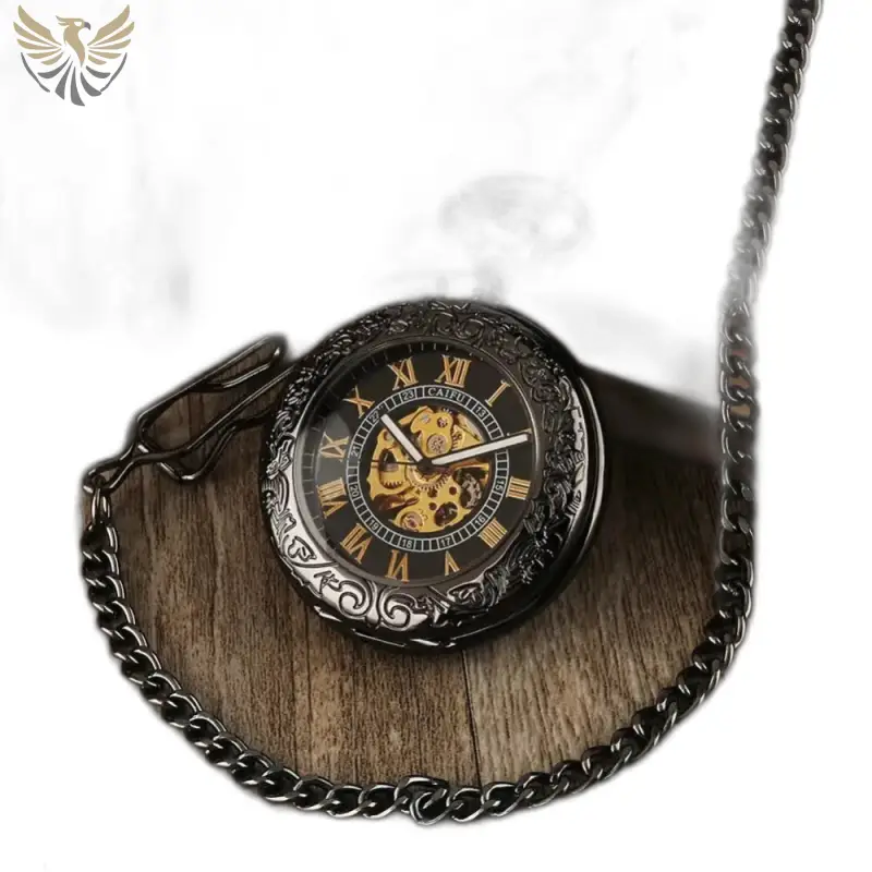 Montre à Gousset Iridium Automatique Steampunk Noir avec chaîne, modèle poche iridium automatique
