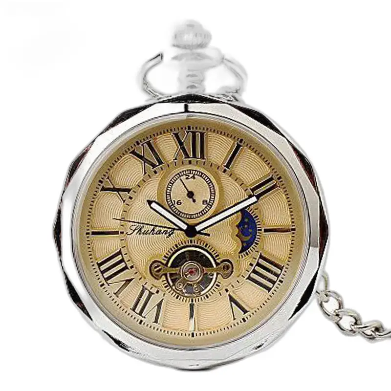 Montre à gousset Lune Luxe Homme Femme avec chiffres romains et phase lunaire argentée