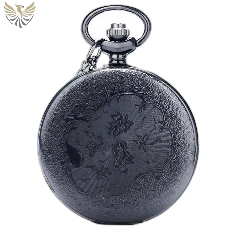 Montre à gousset luxe argent noir avec chiffres romains et motif floral gravé