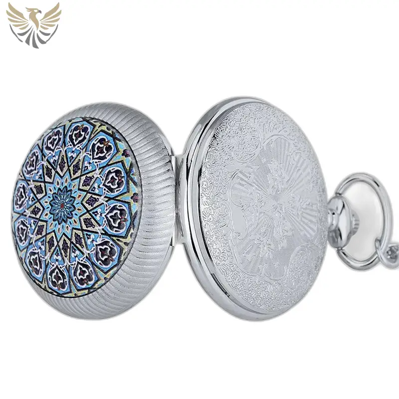 Montre à gousset luxe argenté avec motifs pour collier tournant émeraude homme femme