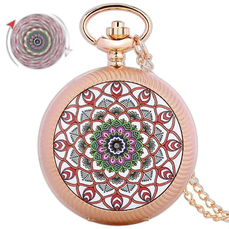 Montre à gousset Luxe Or Rose Femme Homme avec boîtier fleuri et motif mandala