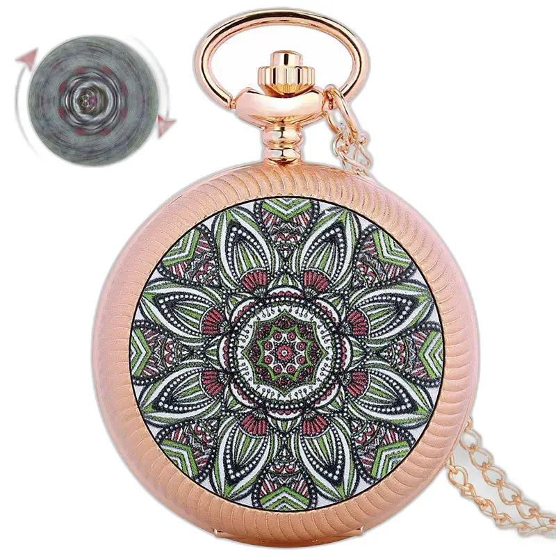 Montre à gousset Luxe Or Rose Femme Homme avec design mandala et boîtier fleuri