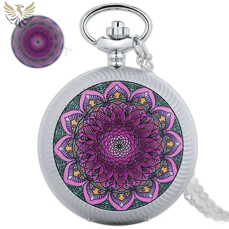 Montre à gousset Luxe Or Rose avec boîtier fleuri et design mandala en argent