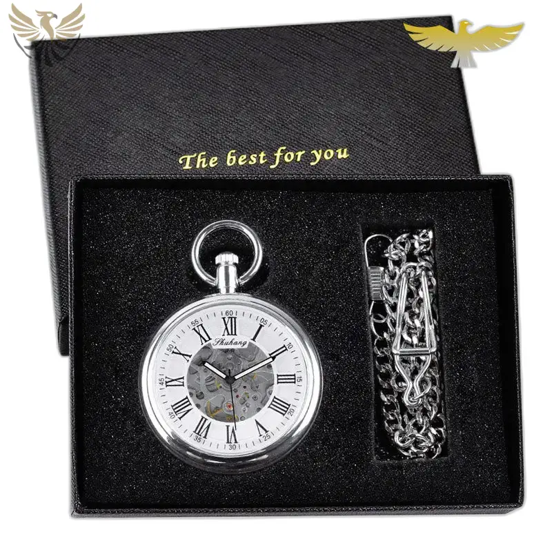 Montre à Gousset Mécanique Argent avec Cadran Ouvert dans un Coffret Cadeau