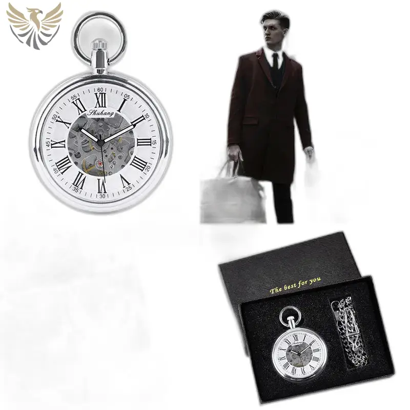 Montre à gousset mécanique argent avec cadran ouvert, présentée en coffret élégant