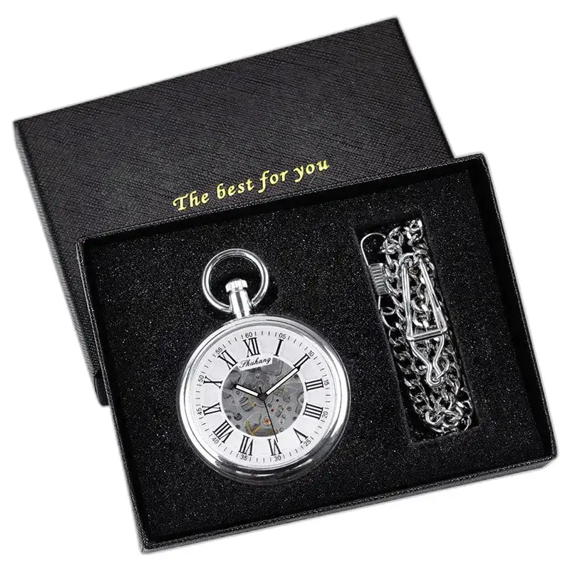 Montre à gousset mécanique argent avec cadran ouvert dans un coffret cadeau