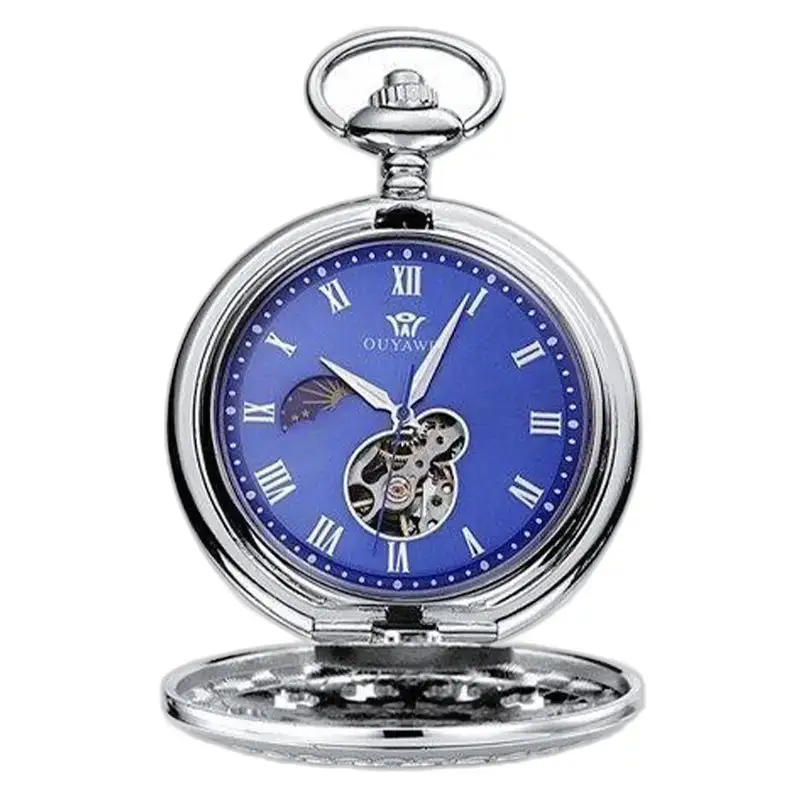 Montre à gousset mécanique en argent homme avec un cadran bleu élégant