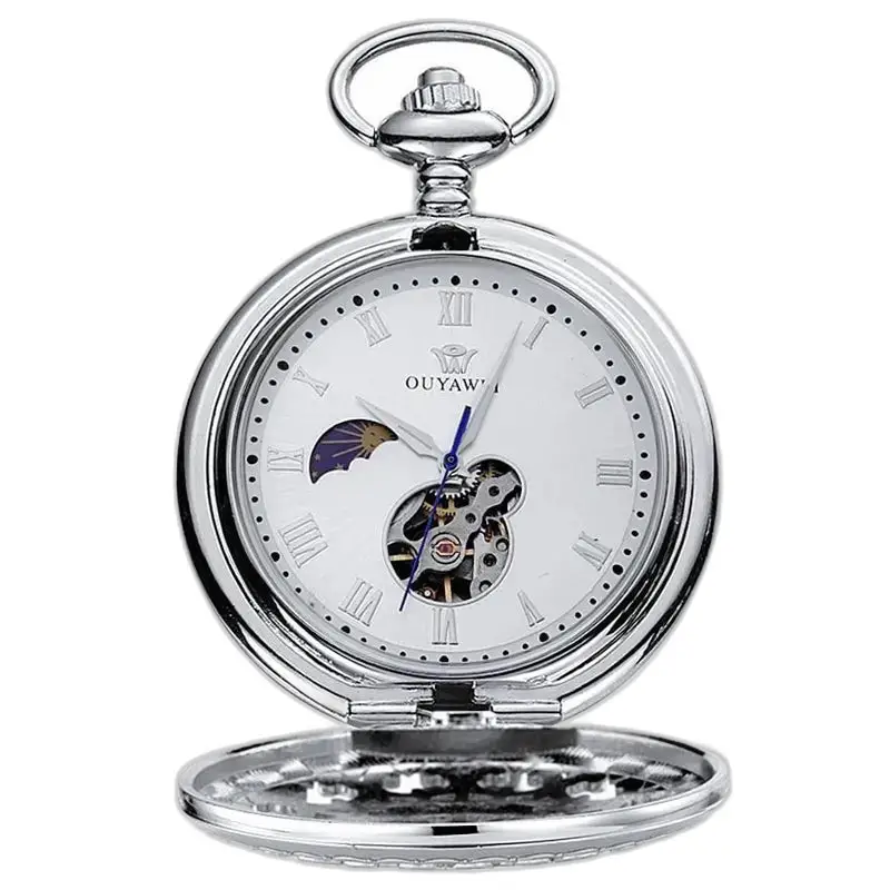 Montre à gousset mécanique argent homme luxueuse avec mécanisme exposé