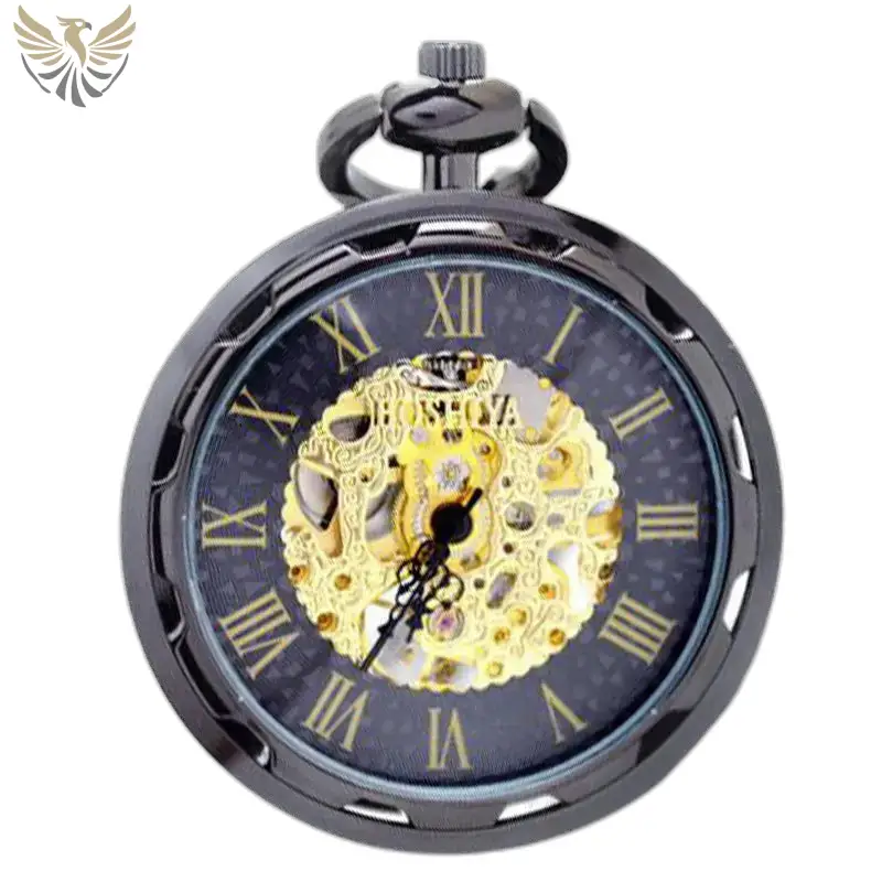 Montre à gousset Mécanique Argent Luxe avec des engrenages visibles en noir