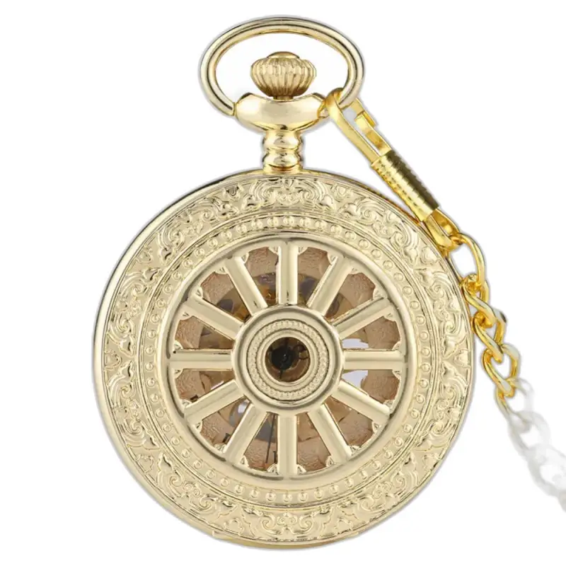 Montre à gousset mécanique Golden Hollow Skeleton avec chaîne en métal doré