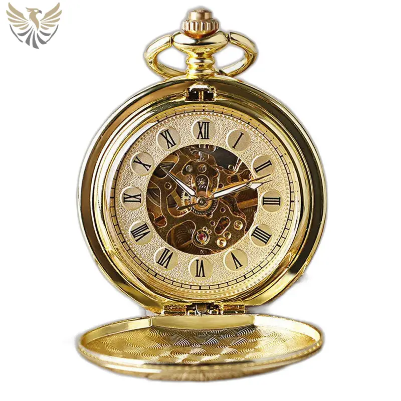 Montre à gousset mécanique lisse noir luxe avec un cadran doré élégant