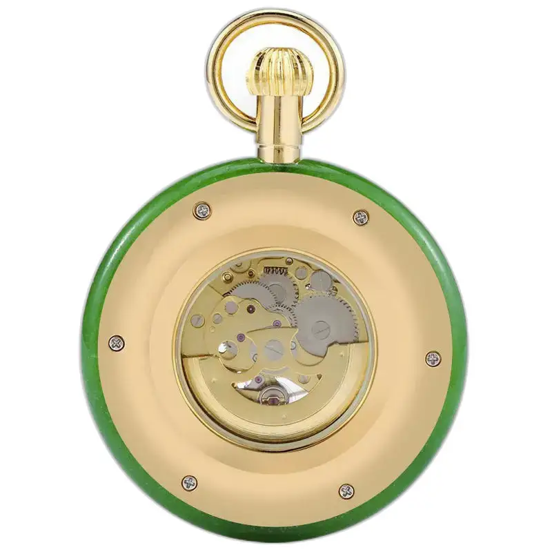 Montre à gousset mécanique luxe chic homme avec gears visibles en vert et or