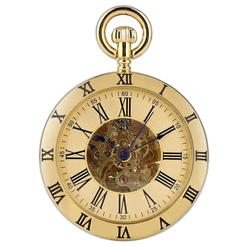 Montre à gousset mécanique luxe en acier inoxydable avec chiffres romains dorés