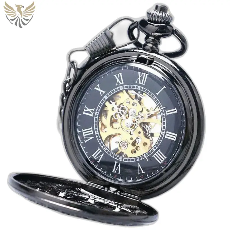 Montre à gousset mécanique à remontage noir de luxe Steampunk avec mouvement mécanique