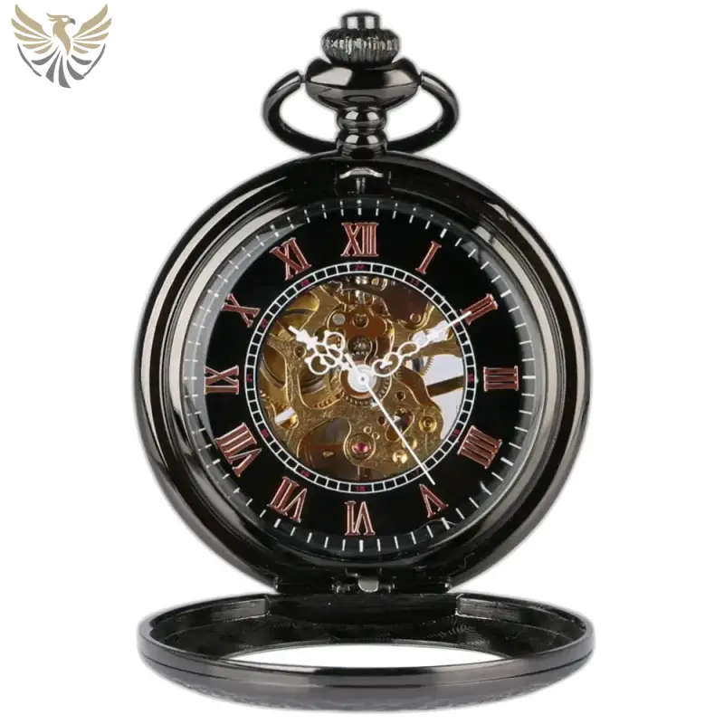 Montre à Gousset Mécanique Noire pour Homme avec mécanisme visible et style élégant