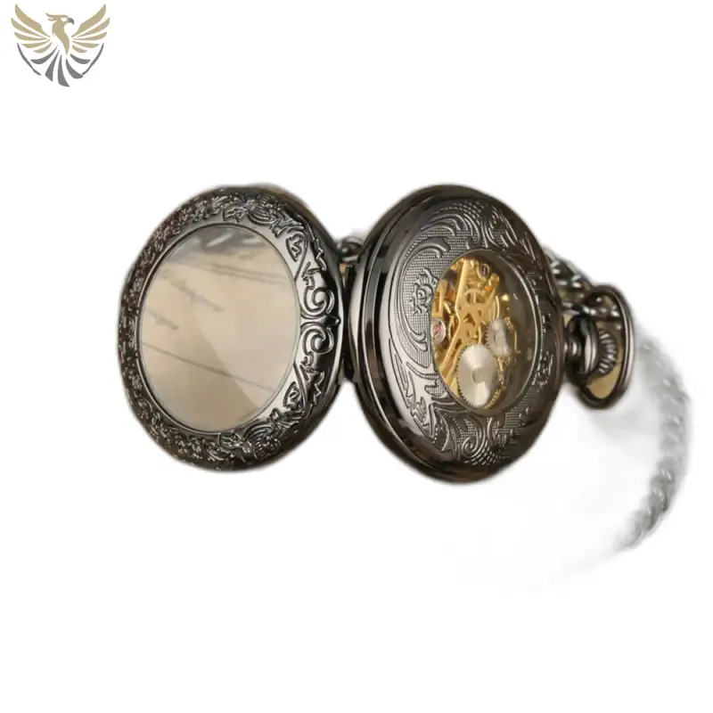 Montre à Gousset Mécanique Noire pour Homme ouverte et ornée, poche mécanique black