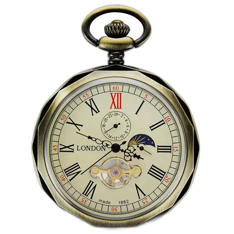 Montre à Gousset Mécanique Phase Lunaire Luxe avec chiffres romains élégants