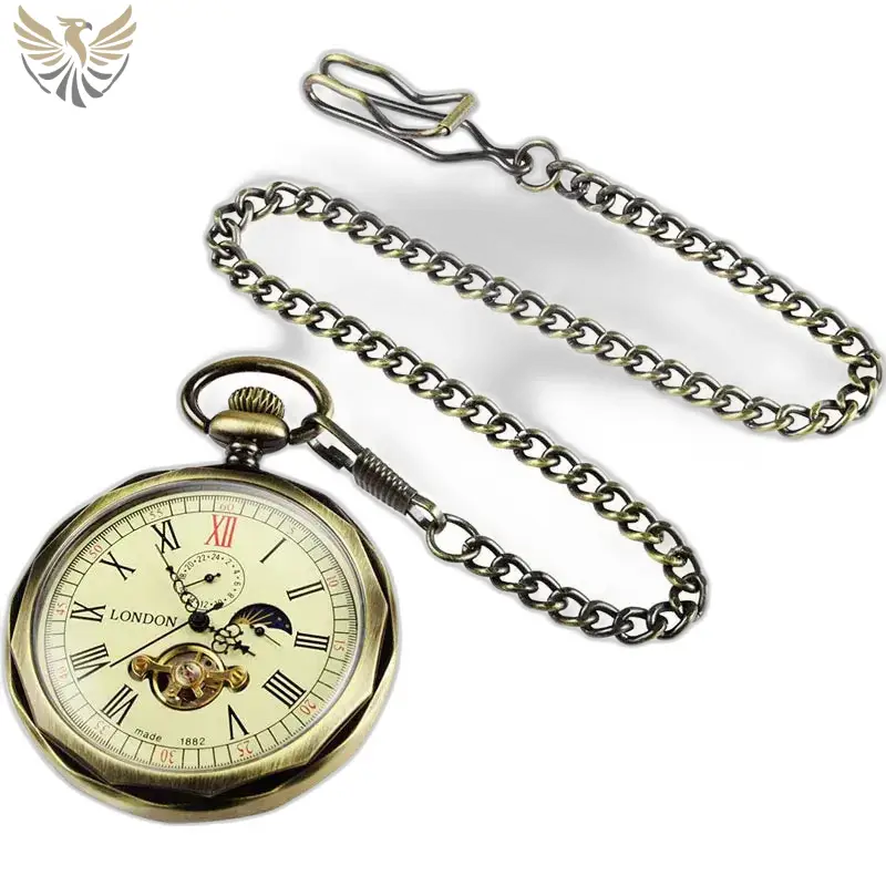 Montre à gousset Mécanique Phase Lunaire Luxe avec chaîne en style ancien