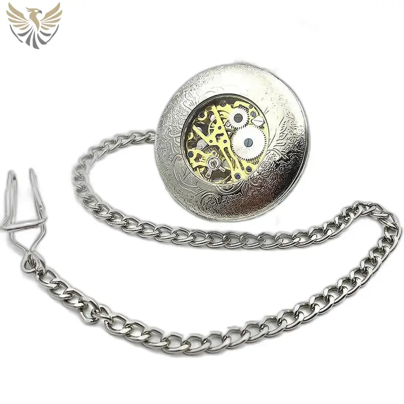 Montre à gousset mécanique silver Flower Chic avec gears et chaîne visibles