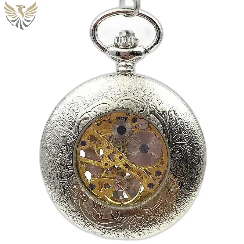 Montre à gousset Mécanique Silver Flower Chic avec mécanisme visible en argent