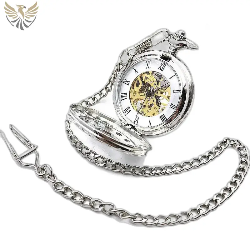 Montre à gousset mécanique silver fleur chic avec chaîne en argent élégante