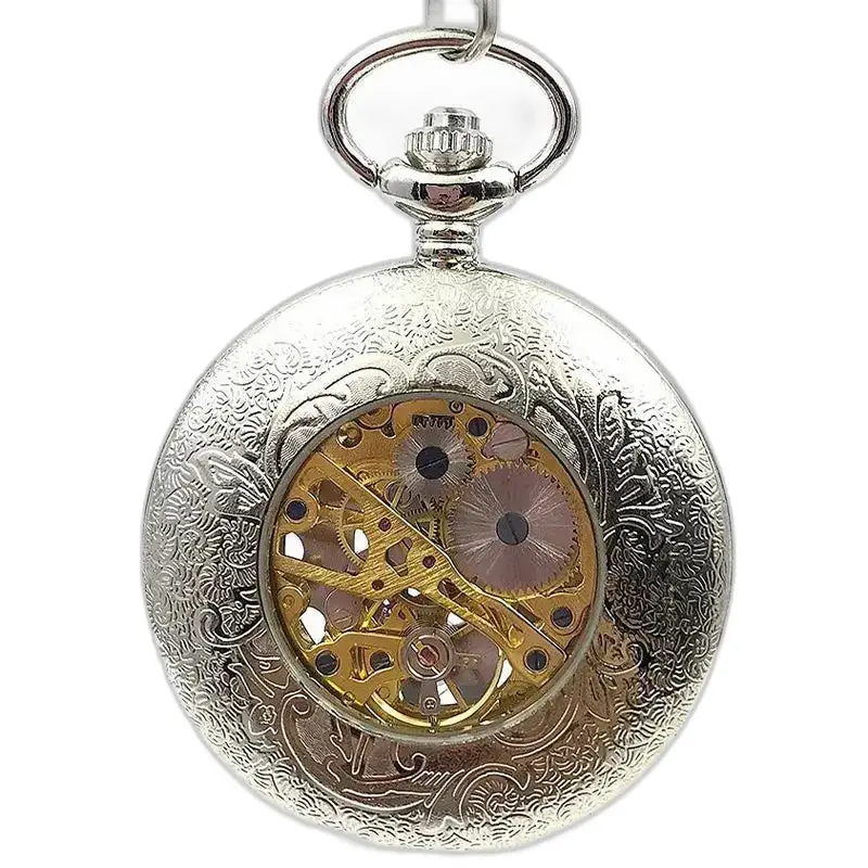 Montre à gousset Mécanique Silver Flower Chic avec mécanisme visible et design élégant