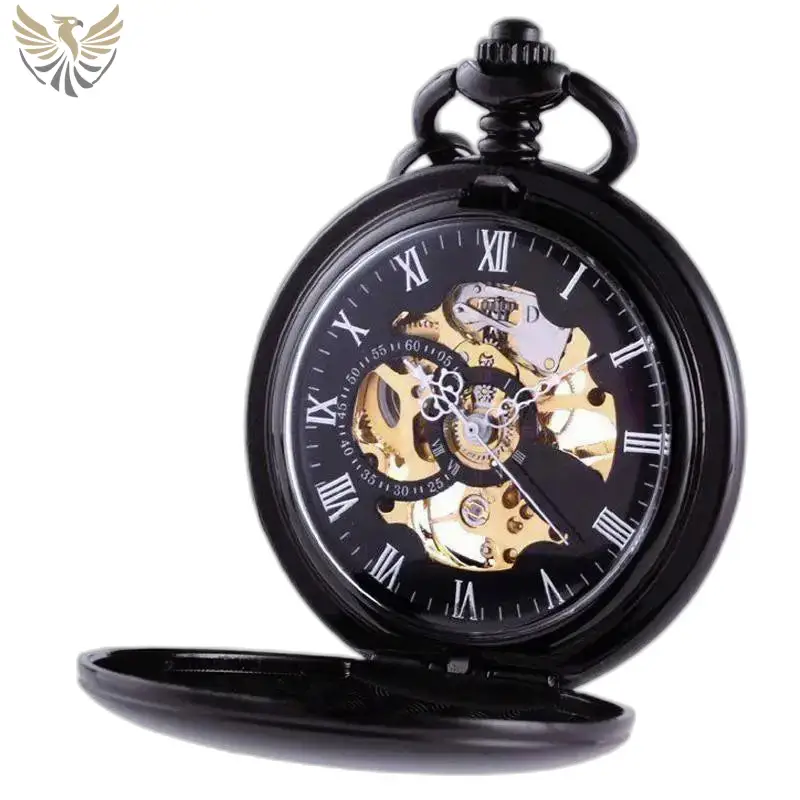 Montre à Gousset Mécanique Squelette Luxe avec design noir élégant et sophistiqué