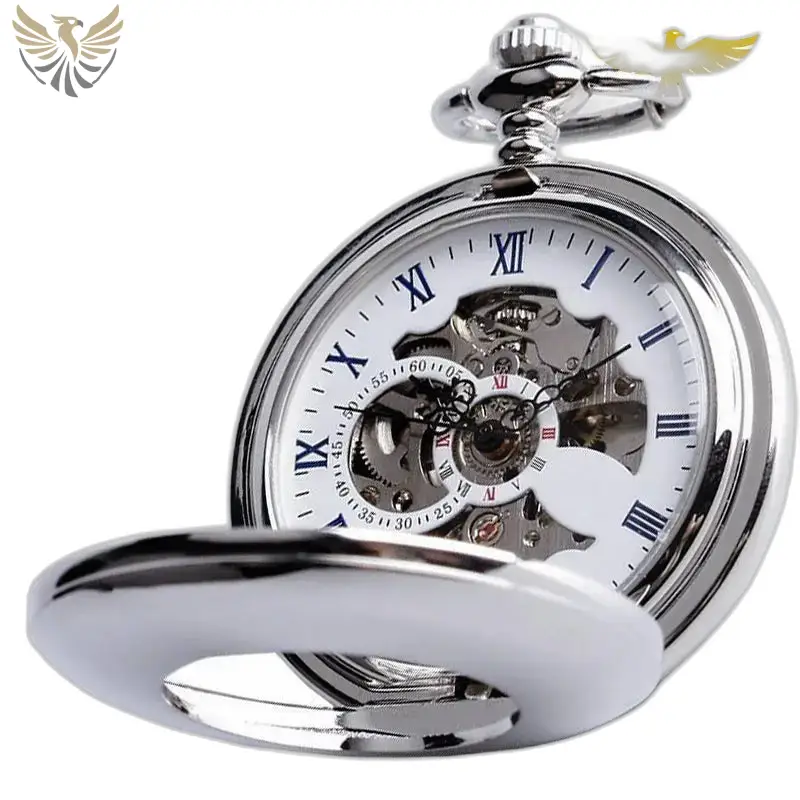 Montre à Gousset Mécanique Squelette Luxe en argent avec mécanisme visible