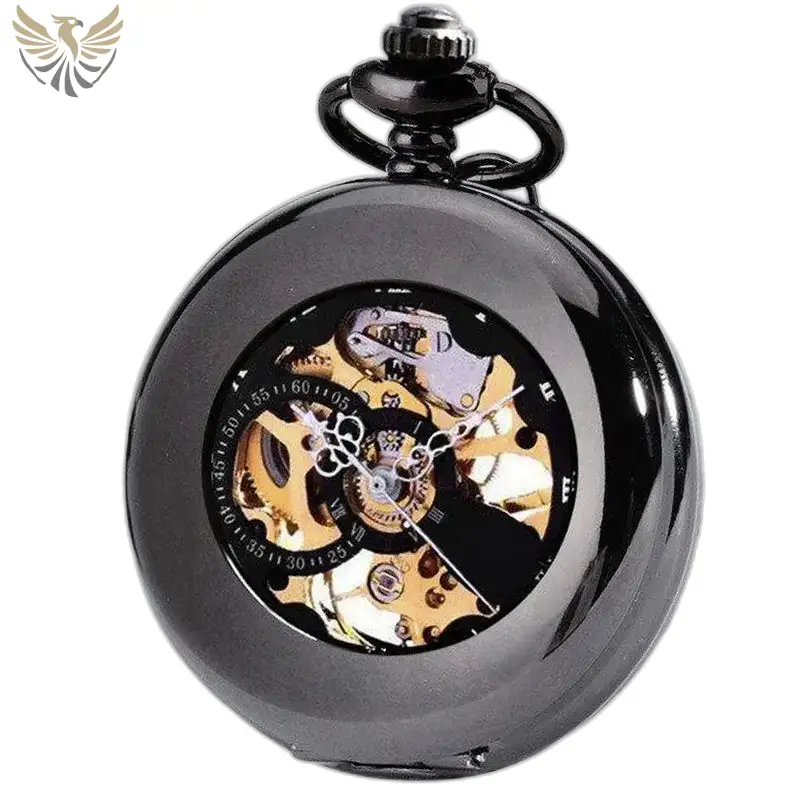 Montre à gousset mécanique squelette luxe avec boîtier noir élégant