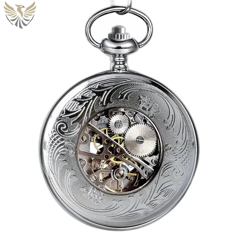 Montre à gousset mécanique squelette luxe en argent avec mécanisme visible