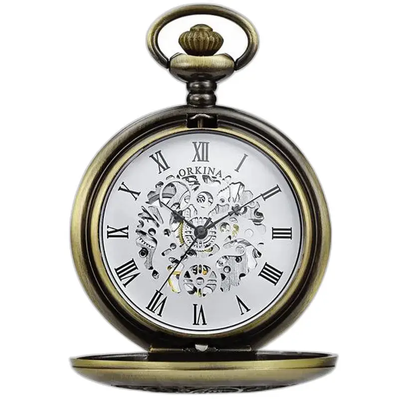 Montre à gousset moderne mécanique avec des engrenages visibles et un style antique