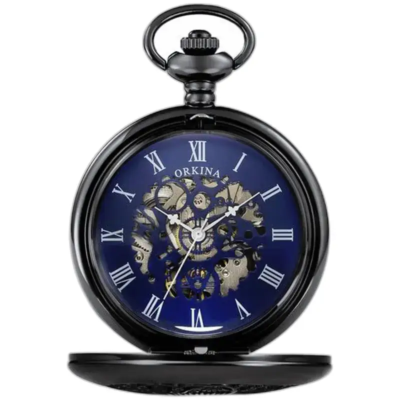 Montre à Gousset Moderne Mécanique Chic avec un design de squelette noir élégant