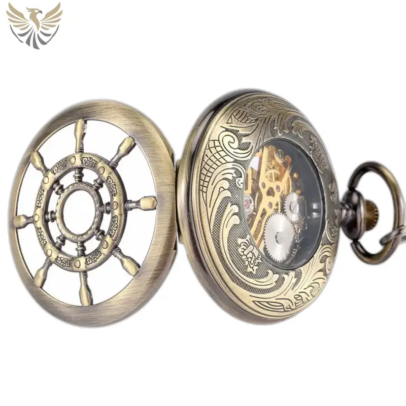 Montre à gousset bronze avec thème nautique et remontage manuel vintage