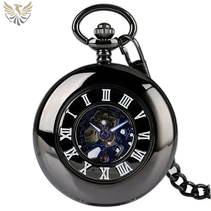 Montre à Gousset Noire Moderne Chic avec chiffres romains élégants et design raffiné