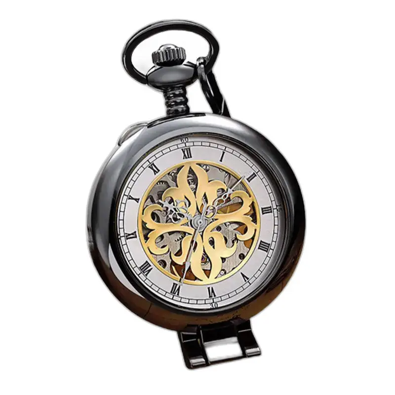 Montre à Gousset Poche Antique Squelette Luxe en noir et or, élégance intemporelle