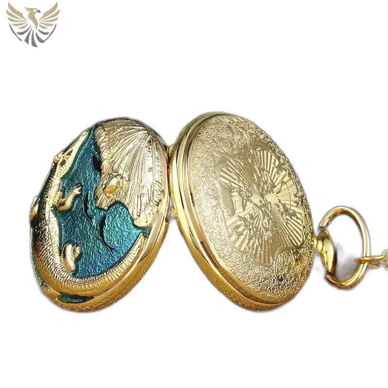 Montre à gousset Poisson Bleu avec perle blanche et design de dragon en or ouvert
