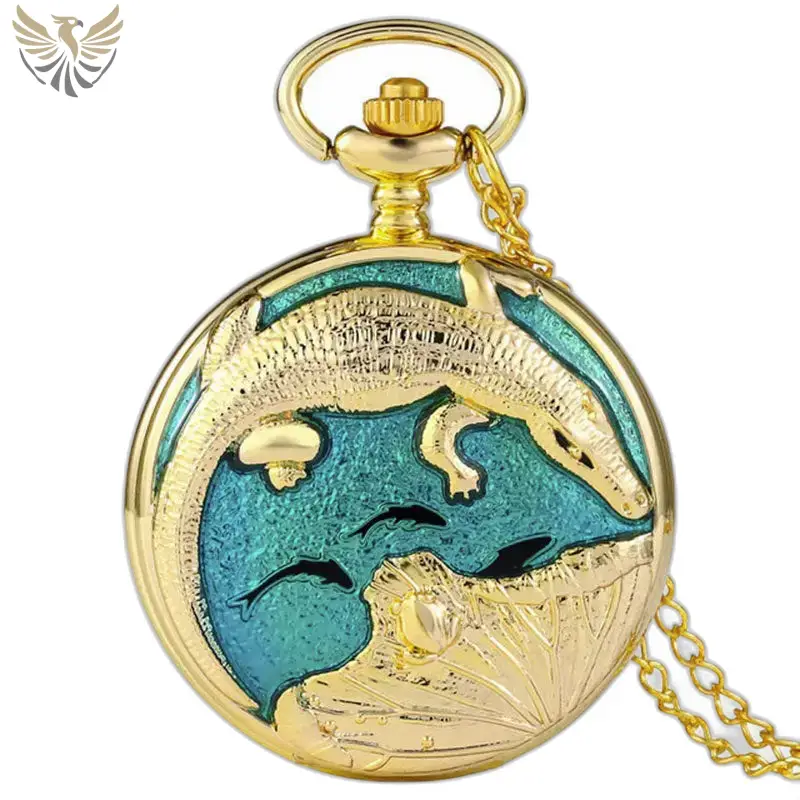 Montre à gousset Poisson Bleu avec perle blanche et design crocodile en or