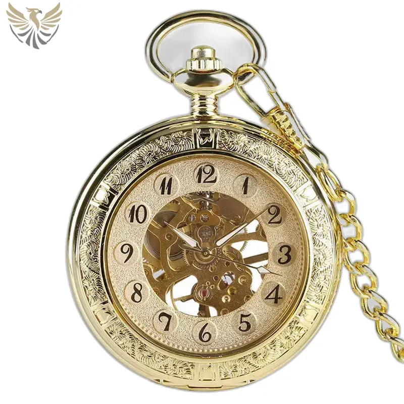 Montre à gousset Royauté mécanique luxe or avec engrenages visibles et chaine