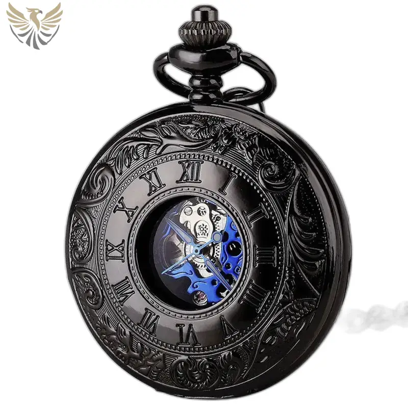 Montre à gousset Steampunk Double Demi Chasseur Chic avec un design orné noir