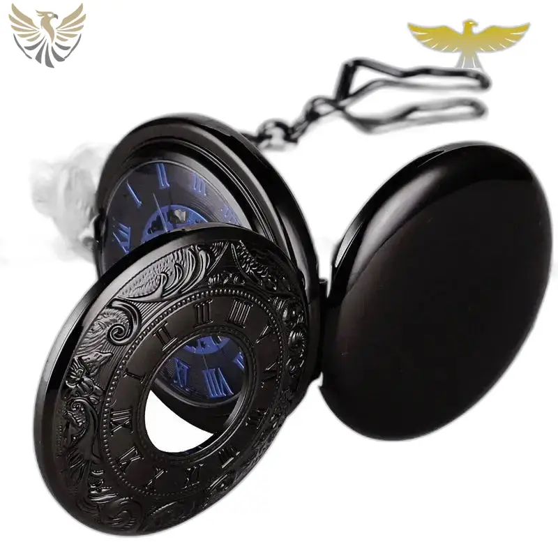 Montre à gousset Steampunk Double Demi Chasseur Chic avec chaîne noire élégante