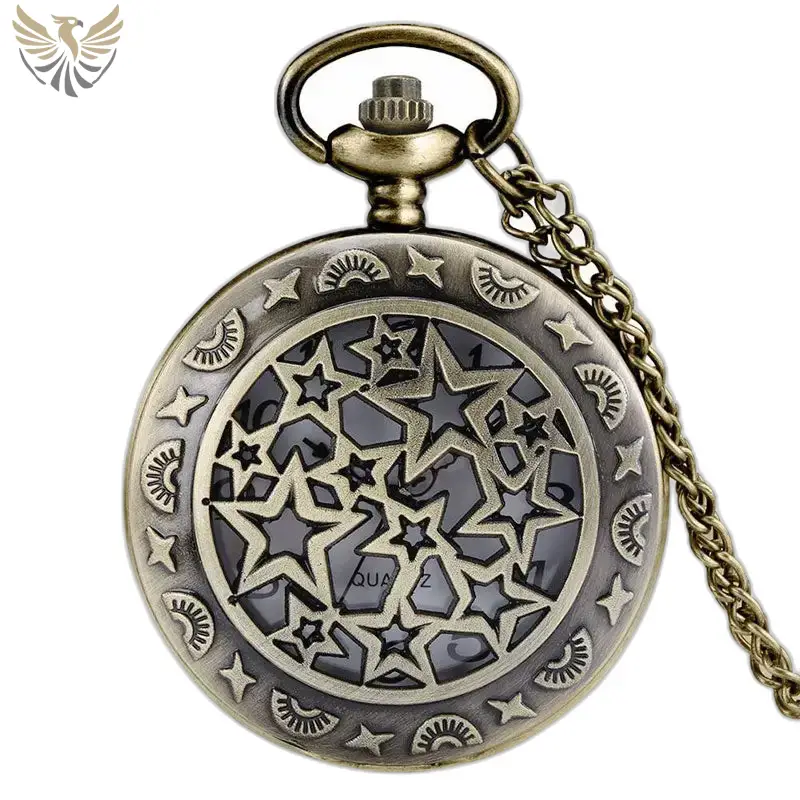 Montre Collier Bronze avec motif étoilé et chaîne, style rétro féminin