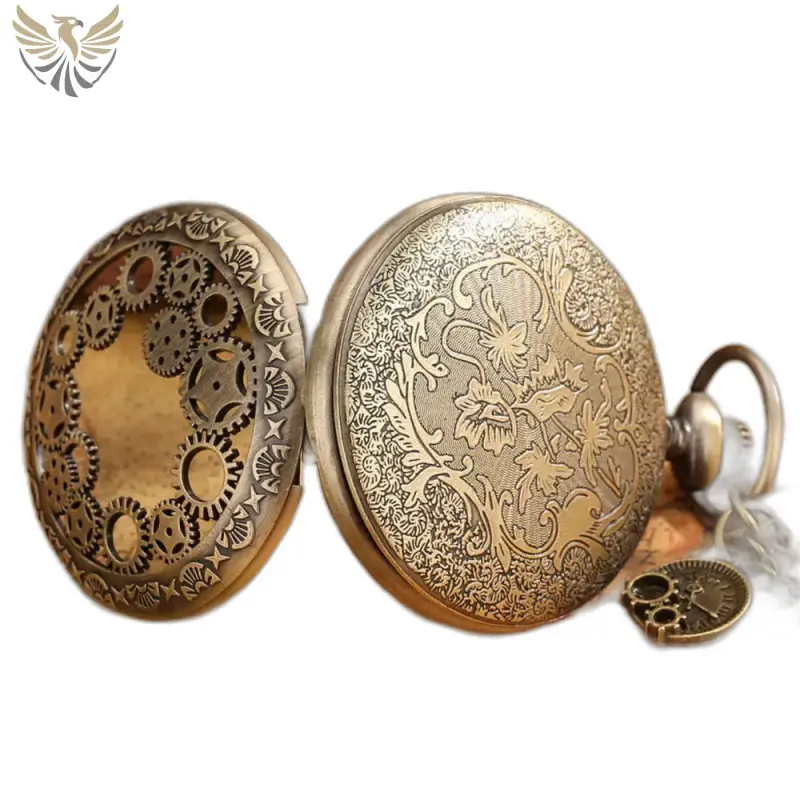 Montre Collier Femme Steampunk Quartz Stripped Wheel Argent montre coller en bronze ornée