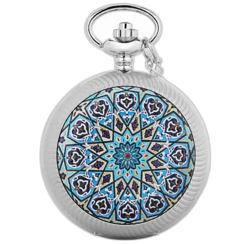 Montre Collier Fleur Chic Mandala Bleu avec un motif géométrique coloré en argent