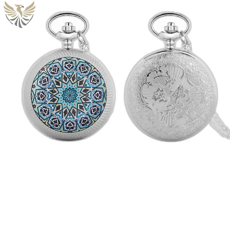 Deux montres pocket argentées avec un collier Fleur Chic Mandala Bleu