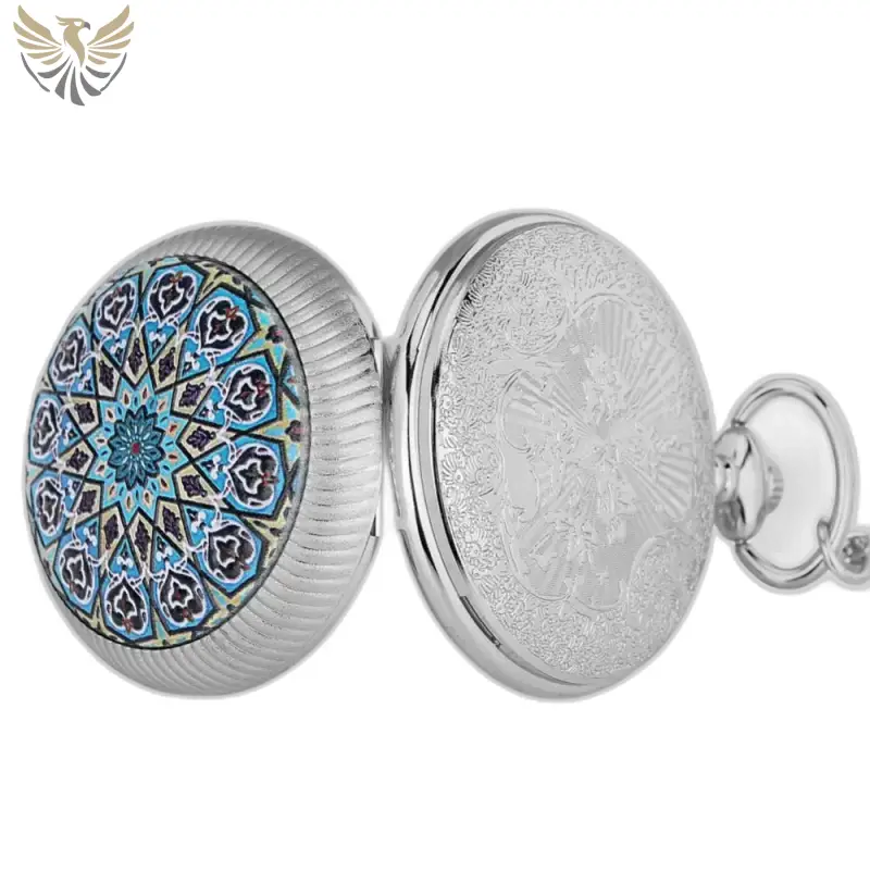 Montre Collier Fleur Chic Mandala Bleu avec une magnifique montre à gousset argentée
