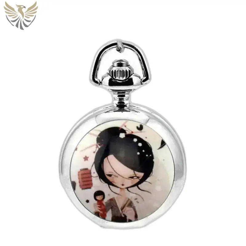 Montre collier manga avec pendule argent et une fille cartoon en style anime