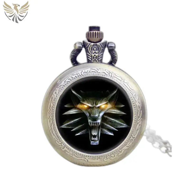 Montre Collier Metallique Loup à Gousset Bronze avec clapet protecteur orné de loup