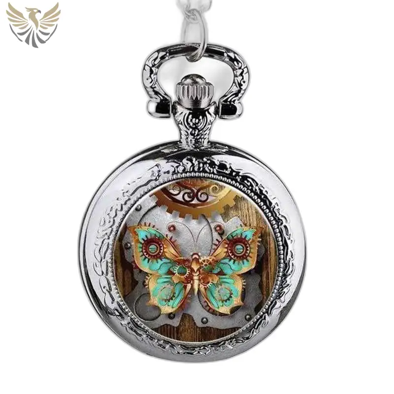 Montre Collier Papillon Ambre et Turquoise design steampunk avec papillon